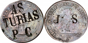 (1870). Gobierno Provisional. Barcelona. OM. 10 céntimos. Contramarca política: AS/TURIAS/PC en anverso y SP en reverso. 9,23 g. BC.