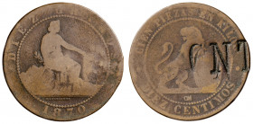 1870. Gobierno Provisional. Barcelona. OM. 10 céntimos. Contramarca política: CNT. 9,25 g. BC.