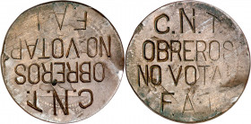Gobierno Provisional. Barcelona. OM. 10 céntimos. Contramarca política: C.N.T./OBREROS/NO VOTAR/F.A.I. en anverso y reverso. 8,95 g. BC.