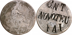 (1870). Gobierno Provisional. Barcelona. OM. 10 céntimos. Contramarca política: CNT/NO VOTEU/FAI. 9,28 g. BC.