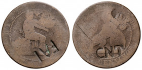 (1870). Gobierno Provisional. Barcelona. O(M). 10 céntimos. Contramarcas políticas: FAI en anverso y CNT en reverso. 9,36 g. BC.