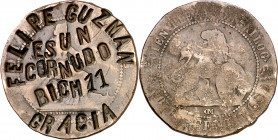 1870. Gobierno Provisional. Barcelona. OM. 10 céntimos. Contramarca: FELIPE GUZMAN/ES UN/CORNUDO/BICH 11/GRACIA. 9,74 g. BC.
