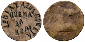 1870. Gobierno Provisional. Barcelona. OM. 10 céntimos. Contramarca. LEGIA Y AZUL COMETA/QUEMA/LA/ROPA. 9,08 g. BC.