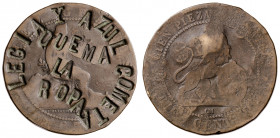 1870. Gobierno Provisional. Barcelona. OM. 10 céntimos. Contramarca: LEGIA Y AZUL COMETA/QUEMA/LA/ROPA. 9,46 g. BC+.