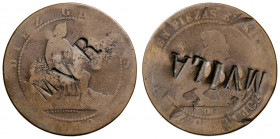 1870. Gobierno Provisional. Barcelona. OM. 10 céntimos. Contramarcas particulares: MVR en anverso y MVILA en reverso. 9,20 g. BC.
