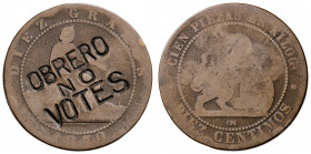 1870. Gobierno Provisional. Barcelona. OM. 10 céntimos. Contramarca política: OBRERO/NO/VOTES. 9,30 g. BC.