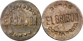 (1870). Gobierno Provisional. Barcelona. OM. 10 céntimos. Contramarca publicitaria: ROSAS/EL BRIBÓN/COSTA BRAVA. 9,04 g. BC+.