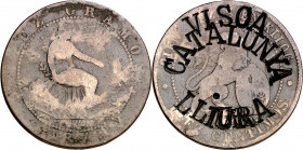 1870. Gobierno Provisional. Barcelona. OM. 10 céntimos. Contramarca política: VISCA/CATALUNYA/LLIURA. 9,34 g. BC.