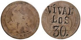 1870. Gobierno Provisional. Barcelona. OM. 10 céntimos. Contramarca: VIVAN/LOS/30. 9,16 g. BC.