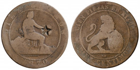 1870. Gobierno Provisional. Barcelona. OM. 10 céntimos. Contramarca particular: . 9,25 g. BC.