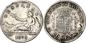 1870*70. Gobierno Provisional. SNM. 20 céntimos. (AC. 12). Ligeramente alabeada. Rara. 0,96 g. (MBC-).