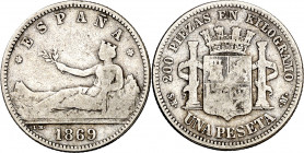 1869*1-6-. Gobierno Provisional. SNM. 1 peseta. (AC. 17). ESPAÑA. Rara. 4,78 g. BC+.