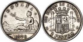 1870*1874. I República. DEM. 2 pesetas. (AC. 31). 9,96 g. MBC/MBC+.