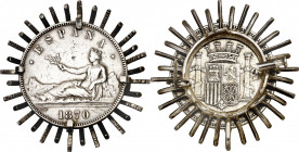 1870*--70. Gobierno Provisional. (SNM). 5 pesetas. (AC. 39). Moneda engarzada, con imperdible. 39,97 g. (MBC-).