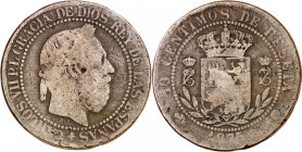 1875. Carlos VII, Pretendiente. Oñate. 10 céntimos. (AC. 6). Reverso levemente girado. 9,19 g. BC.