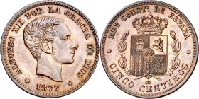 1877. Alfonso XII. OM. 5 céntimos. (AC. 4). Bonito color. 4,95 g. EBC+/EBC.