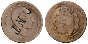 1877. Alfonso XII. Barcelona. OM. 5 céntimos. Contramarca política: CNT. 4,51 g. BC.