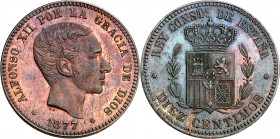 1877. Alfonso XII. Barcelona. OM. 10 céntimos. (AC. 8). Pátina. 9,91 g. EBC.