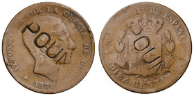 1878. Alfonso XII. Barcelona. OM. 10 céntimos. Contramarca política: POUM en anverso y reverso. 9,20 g. BC+.