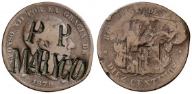 1879. Alfonso XII. Barcelona. OM. 10 céntimos. Contramarcas: PP/MARYCO. 9,80 g. BC.