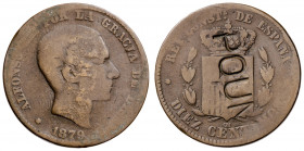 1879. Alfonso XII. Barcelona. OM. 10 céntimos. Contramarca política: POUM. 9,32 g. BC.