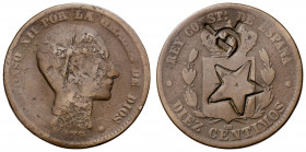 1879. Alfonso XII. Barcelona. OM. 10 céntimos. Contramarca política: hoz y martillo y estrella de cinco puntas. 9,76 g. BC.