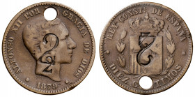 1879. Alfonso XII. Barcelona. (OM). 10 céntimos. Contramarca particular: 2/2 en anverso y reverso. Perforación. 9,33 g. BC+.