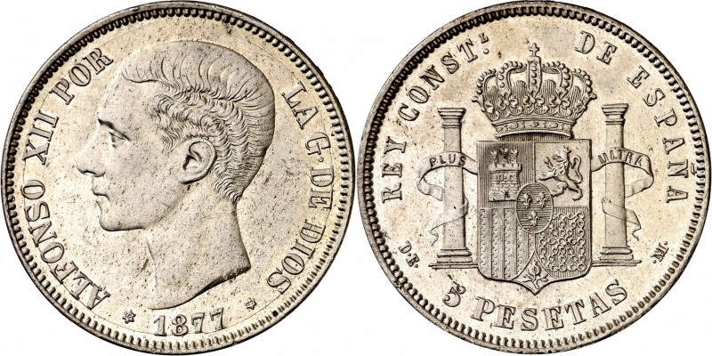 1877*1877. Alfonso XII. DEM. 5 pesetas. (AC. 38). Limpiada. Impurezas. Atractiva...