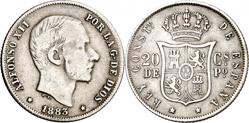 1883. Alfonso XII. Manila. 20 centavos. (AC. 109). 5 g. MBC.