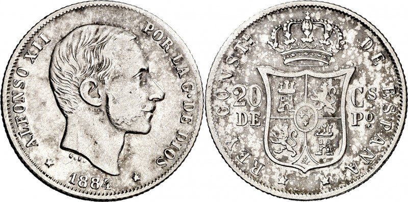 1884/3. Alfonso XII. Manila. 20 centavos. (AC. 110 var) (AC. pdf. 109.1). Escasa...