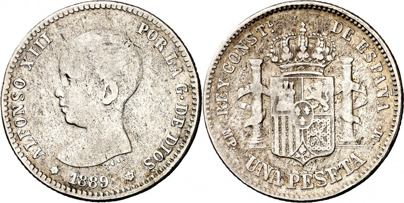 1889*--89. Alfonso XIII. MPM. 1 peseta. (AC. 52). Muy escasa. 4,90 g. MBC-.