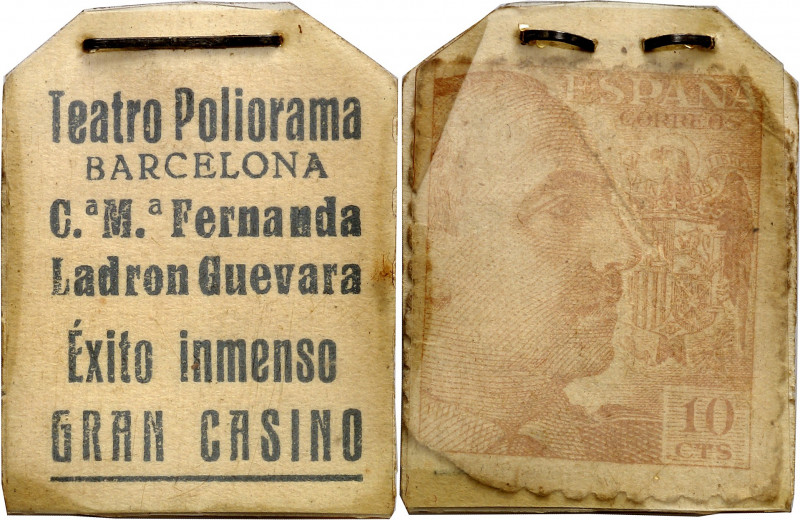 Barcelona. 10 céntimos. TEATRO POLIORAMA. Cartulina con sello pegado. Grapa. Rar...