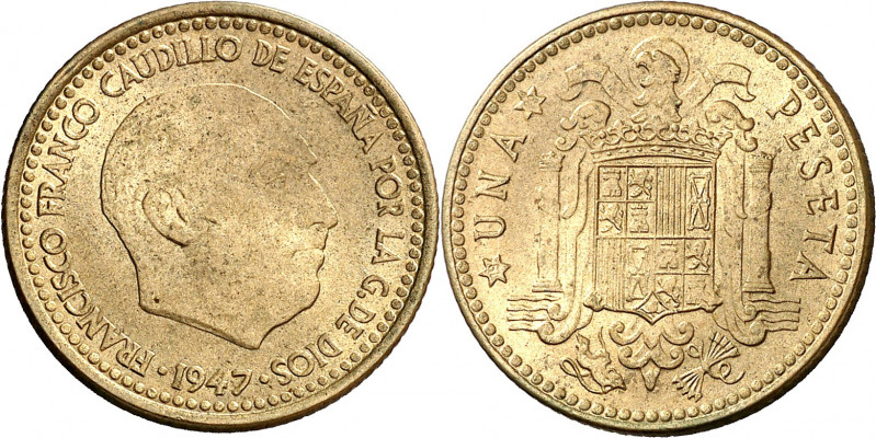 1947*1949. Franco. 1 peseta. (AC. 48). Escasa. 3,38 g. EBC+.