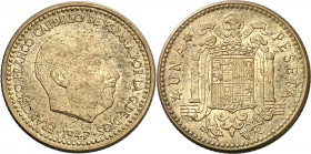 1947*1952. Franco. 1 peseta. (AC. 52). Manchitas en anverso. Escasa. 3,51 g. (S/C-).