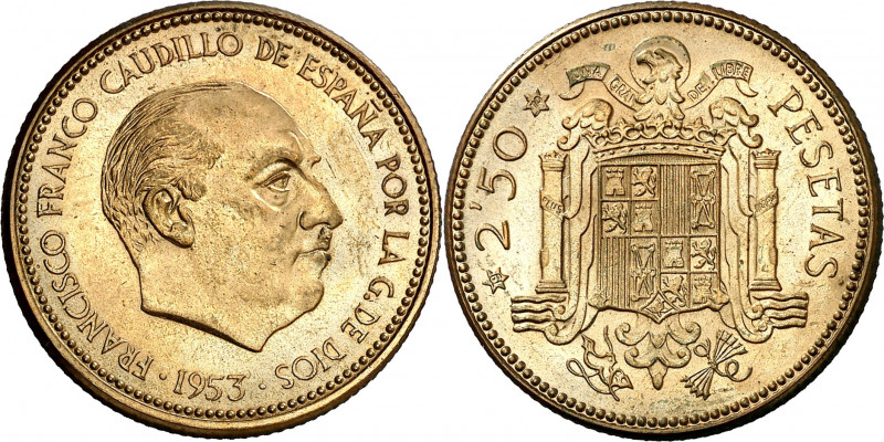 1953*1970. Franco. 2,50 pesetas. (AC. 89). Escasa. 7,07 g. Proof.