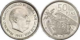1958*58. Franco. 50 pesetas. (AC. 133). UNA-LIBRE-GRANDE en canto. Rara y más así. 12,53 g. EBC-.