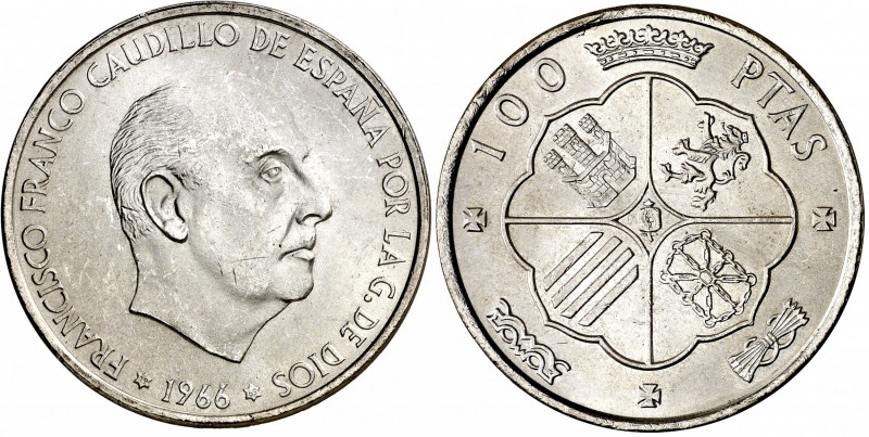 1966*69. Franco. 100 pesetas. (AC. 148). Palo curvo. 19,21 g. EBC+.