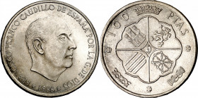 1966*1969. Franco. 100 pesetas. (AC. 148). Palo curvo. Escasa. 19,26 g. S/C-.