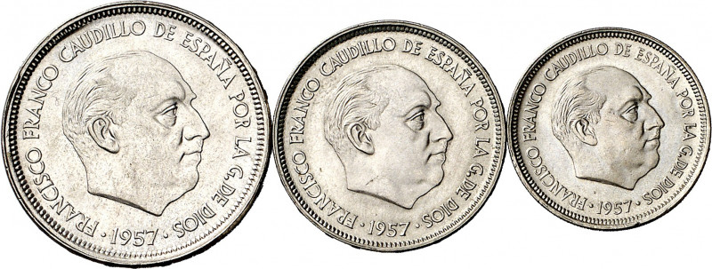 1957. Franco. BA (Barcelona). 5, 25 y 50 pesetas. (AC. 154 a 156). 3 monedas, se...