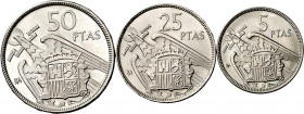 1957. Franco. BA (Barcelona). 5, 25 y 50 pesetas. (AC. 154 a 156). 3 monedas, serie completa de la I Exposición Iberoamericana de Numismática y Medall...