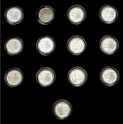 2000. Juan Carlos I. 50 pesetas. Última emisión de la Peseta. Estuche con 13 monedas en plata. Peso total aprox.: 84,50 g. S/C.