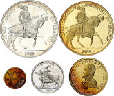 1989. Juan Carlos I. 1, 5 (AG), 10, 50 y 100 ecu. (Fuster MC-1 a 5). Serie completa en estuche oficial. S/C/Proof.