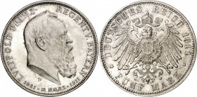 Alemania. Baviera. 1911. Leopoldo, Príncipe regente. D (Múnich). 5 marcos. (Kr. 999). 90º Aniversario del Príncipe. Limpiada. Bella. Rara. AG. 27,77 g...