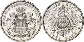 Alemania. Hamburgo. 1913. J (Hamburgo). 3 marcos. (Kr. 620). Limpiada. AG. 16,65 g. EBC+.