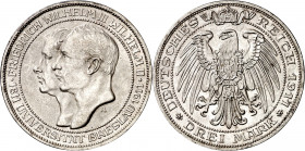 Alemania. Prusia. 1911. Guillermo II. A (Berlín). 3 marcos. (Kr. 531). Universidad de Breslavia. Limpiada. Escasa. AG. 16,66 g. EBC.