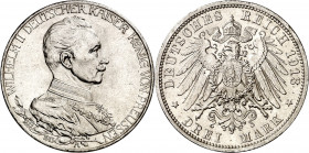 Alemania. Prusia. 1913. Guillermo II. A (Berlín). 3 marcos. (Kr. 535). 25º Aniversario de reinado. Limpiada. AG. 16,63 g. EBC+.