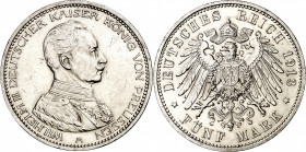 Alemania. Prusia. 1913. Guillermo II. A (Berlín). 5 marcos. (Kr. 536). Limpiada. Bella. Escasa así. AG. 27,77 g. EBC+.
