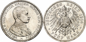 Alemania. Prusia. 1914. Guillermo II. A (Berlín). 5 marcos. (Kr. 536). Limpiada. Escasa. AG. 27,77 g. EBC+.