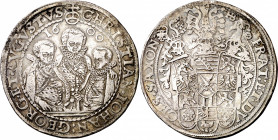 Alemania. Sajonia albertina. 1600. Cristian II, Juan Jorge I y Augusto. Dresde. HB. 1 taler. (Dav. 9820). Escasa. AG. 29,05 g. MBC.