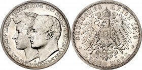 Alemania. Sajonia-Weimar-Eisenach. 1910. Guillermo Ernesto. A (Berlín). 3 marcos. (Kr. 221). Segundo matrimonio del duque. Limpiada. AG. 16,66 g. EBC+...